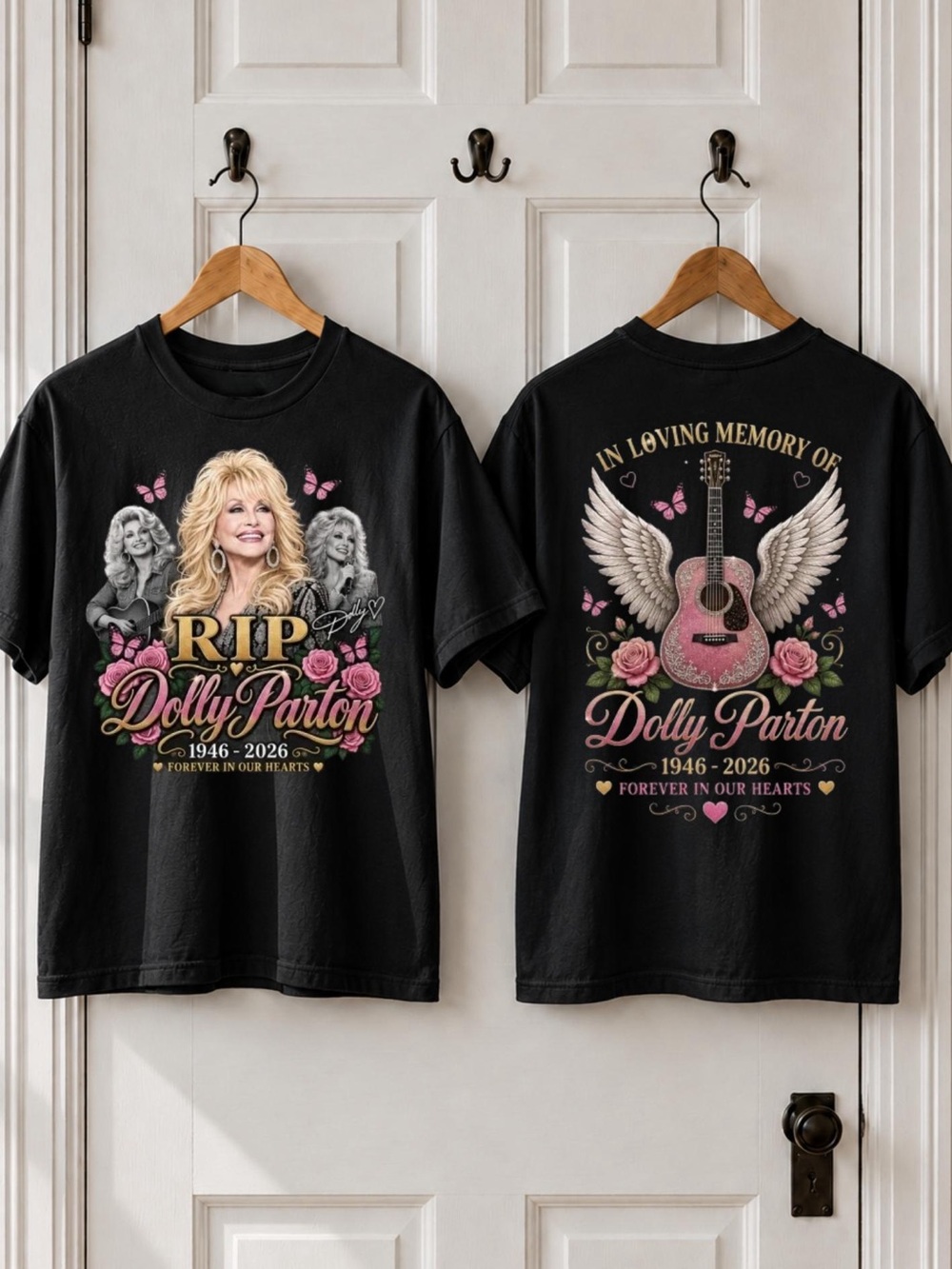 RIP Dolly Parton 1946-2026 In Loving Memory T Shirt with Guitar Wings Graphic